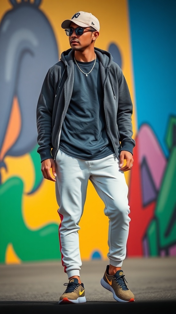 Curry 9 Flow sneakers with joggers and a hoodie, styled with accessories in an urban setting.